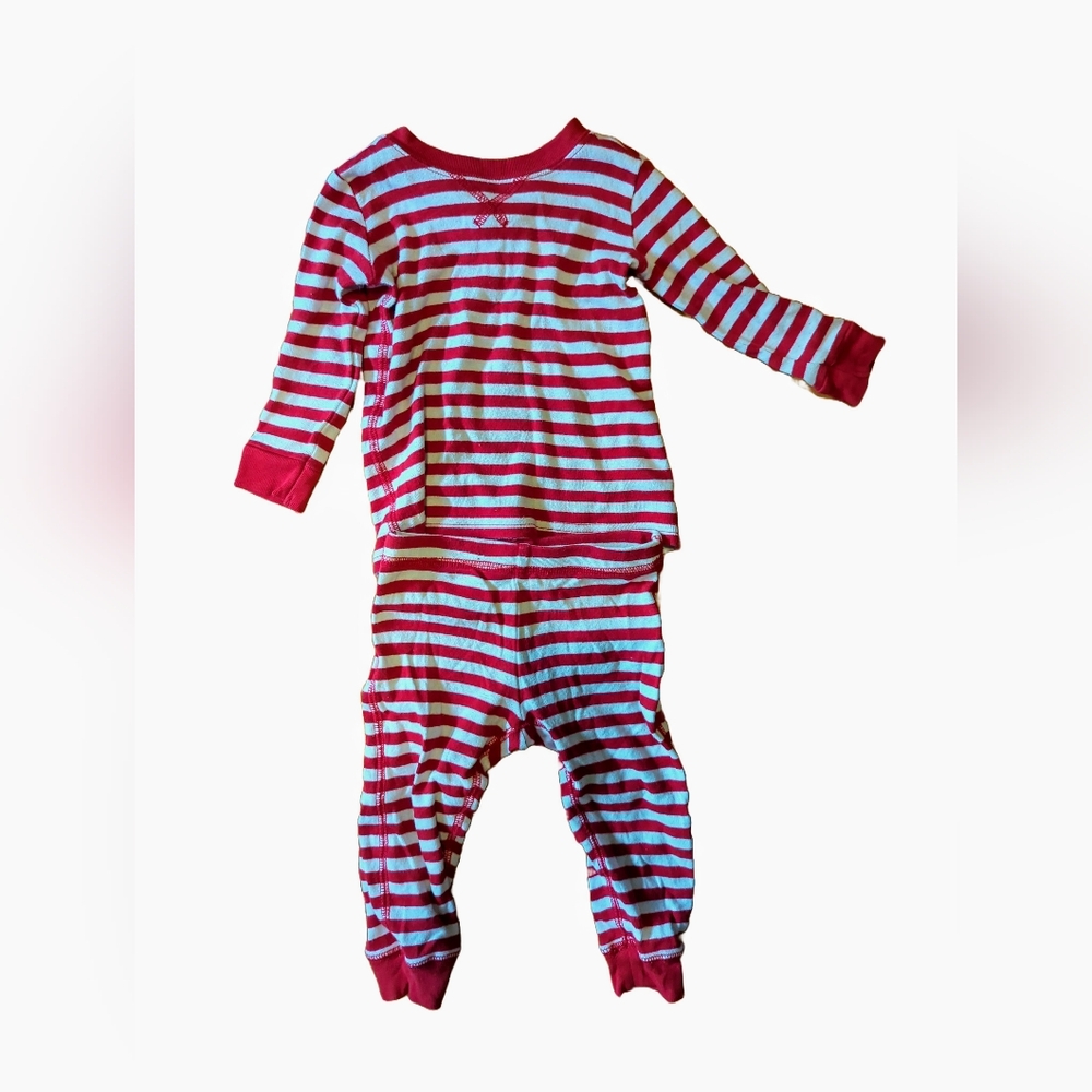 Primary baby long-sleeved PJ top and pants set, cherry red striped, 12-18 month